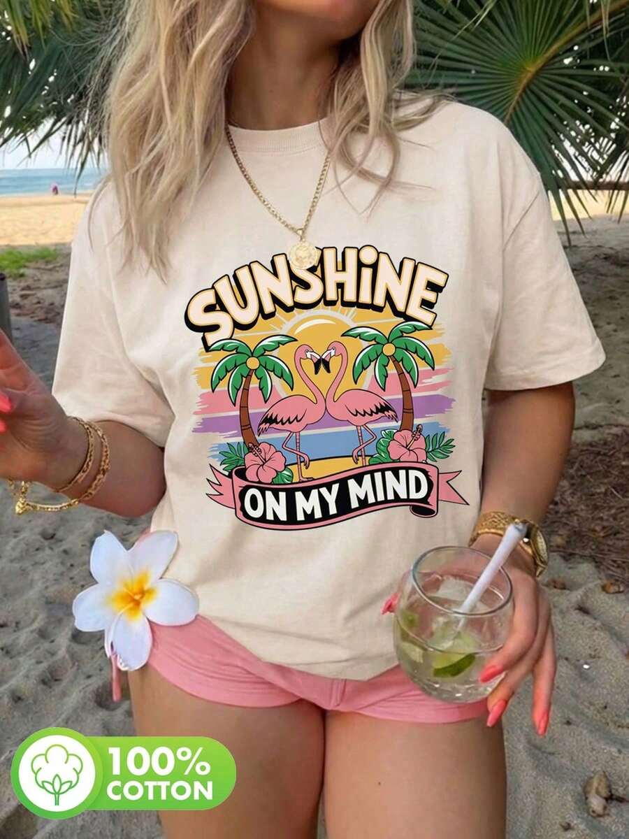 Soft Cotton Summer T-Shirt. Women's Basic Cotton T-Shirt, Vintage Style, With Flamingo, Palm Tree, Hibiscus Flower And "SUNSHINE ON MY MIND" Print, Casual For Everyday Wear, Cut - 杏色 - 查看 1