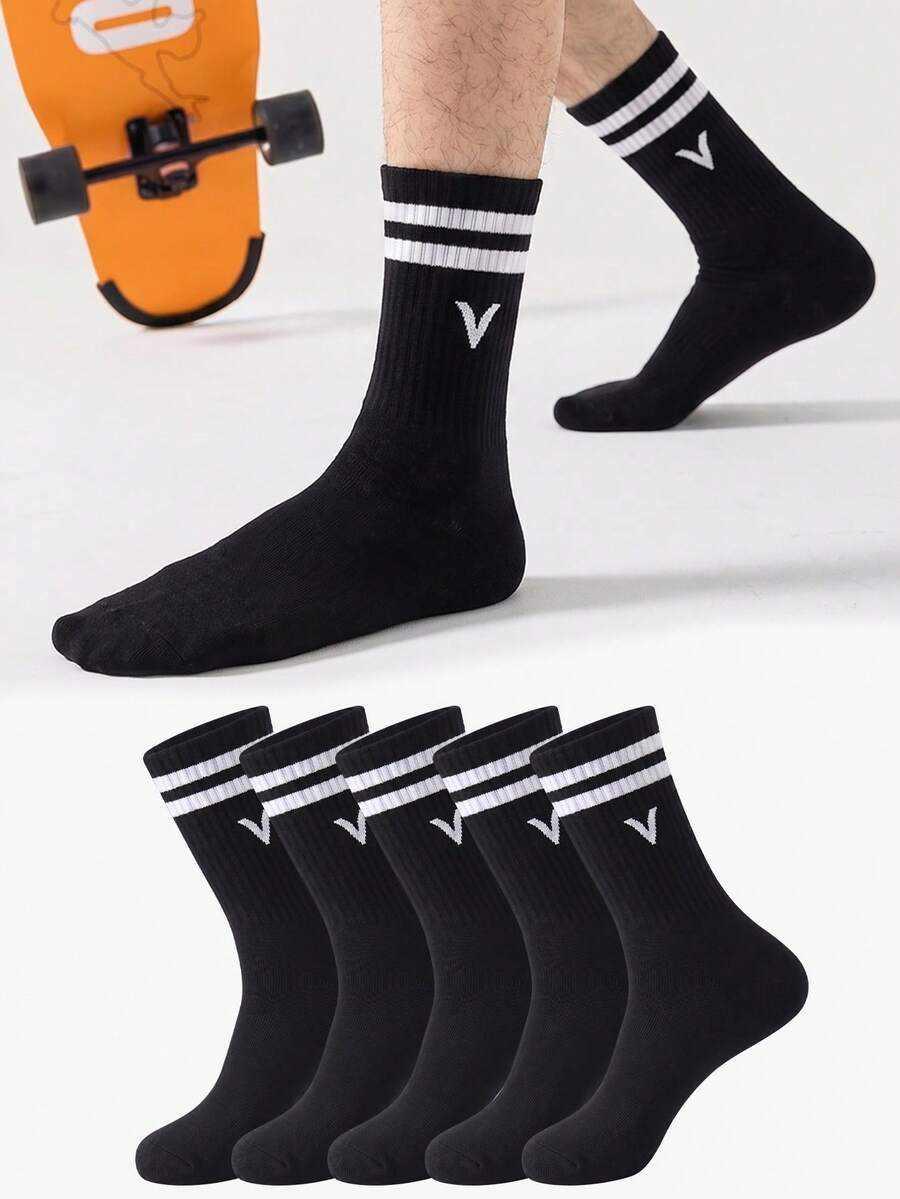 1/5/10/20 Pairs Black Letter Mid-Calf Socks, Striped Cuff Knitted Casual Street Style Mid-Calf Socks, Minimalist Yet Designed Overall Style, Suitable For Daily Commute, Casual Wear, Theme Parties, Holiday Gifts, Home Wear, Relaxed Style - Multicolor - View 1