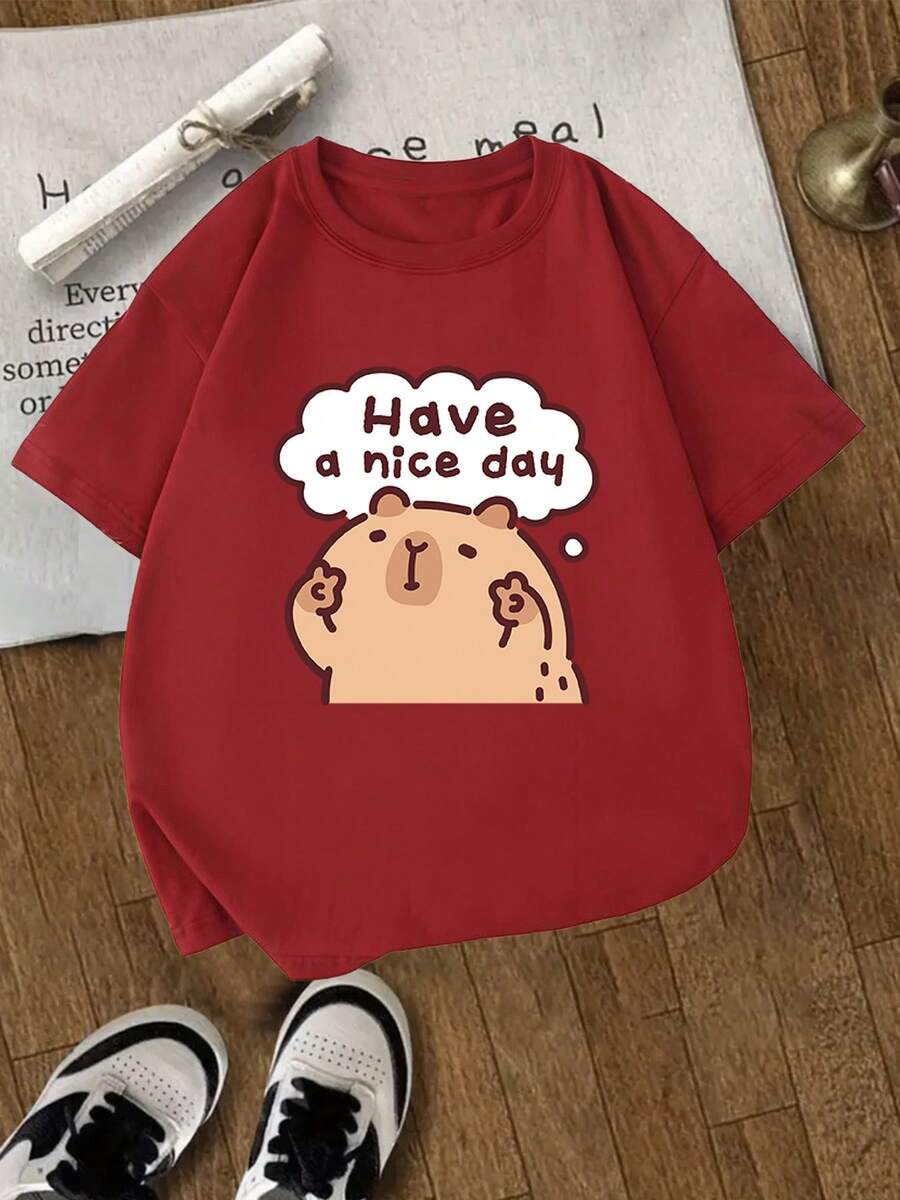 [Guan Yi Shu Selection]Capybara And Pufferfish Print T-Shirt|Short Sleeve Sports T-Shirt For Boys And Girls Ages 4-13 | Casual Printed T-Shirt For Kids - 紅色 - 查看 1