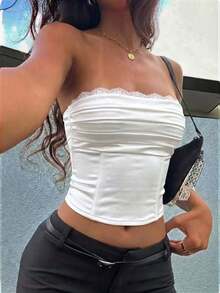 Unique Design Pleated Contrast Lace Trim Satin Knit Fitted Camisole Top For Women Summer - White - View 3