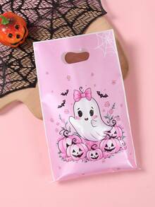 Halloween Pink Ghost Pumpkin Handheld Treat Bags, Cute Bow Goodie Gift Bags, Plastic Candy Sacks For Trick Or Treat Halloween Party Favor Supplies - Ghost Foundation - View 5