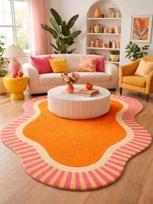 1pc Orange Wavy Edge Asymmetrical Area Rug, Living Room Carpet, Area Rug, Small Area Rug, Mat, Home Decor, Large Living Room Carpet, Round Carpet, Living Room Home Decor, Room Decor, Washable Carpet - Multicolor - View 1