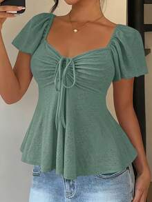 Women's T-Shirt, Modern And Elegant, New For Spring/Summer, Y2K Style, Solid Color, Jacquard, Comfortable And Breathable, With V-Neck, Adjustable Drawstring And Short Sleeves - 黃色 - 查看 11