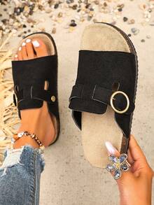 Women's Thick Sole/Cork Sole/Open Toe Metal Ring Buckle Solid Color No Pattern Open Toe/Low Top/Single Strap Thick Sole/Flat Sole/Platform Sole Slide Sandals Vintage Casual Style Summer/Beach Vacation/Daily Casual/Black Suede/Cork Sole Beach Sandals - Black - View 1