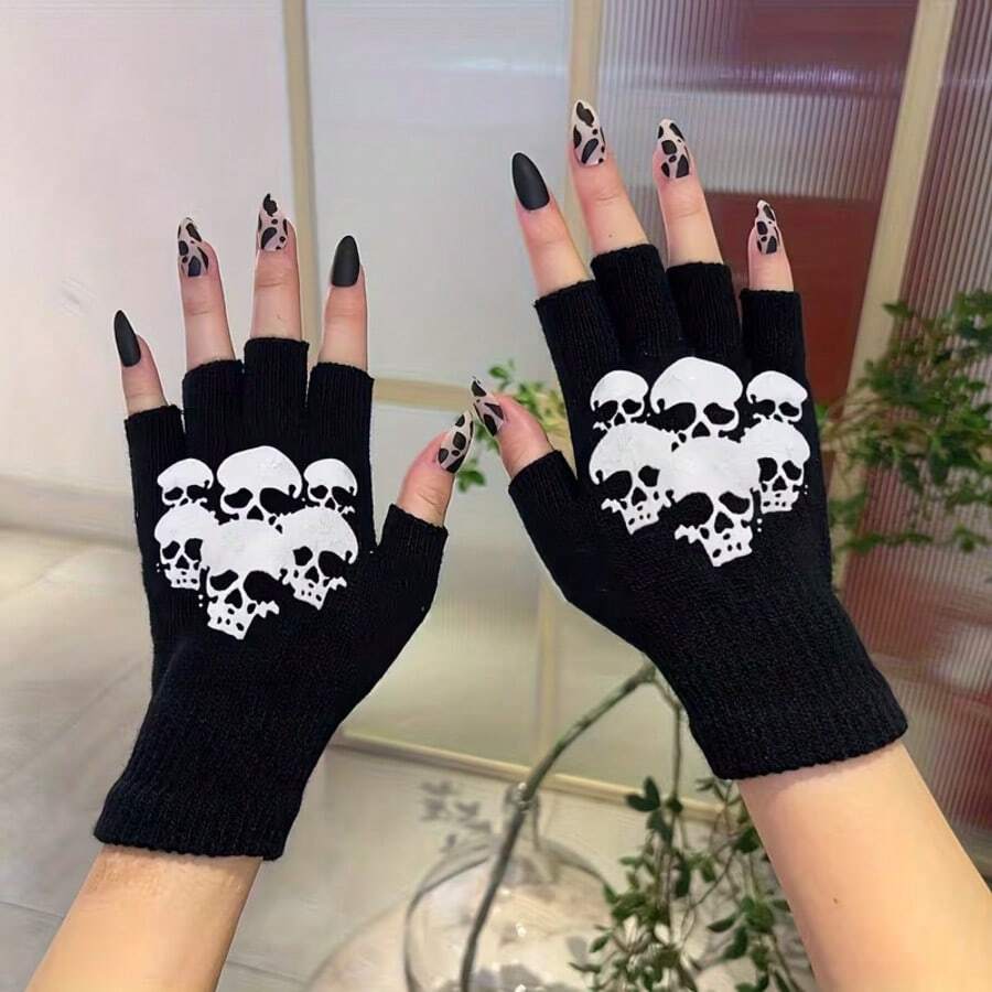 5 Pairs Men's Halloween Decorative Warm Gloves, Autumn/Winter Fingerless Knit Gloves With Fashionable Skeleton Hand Pattern - Multicolor - View 1