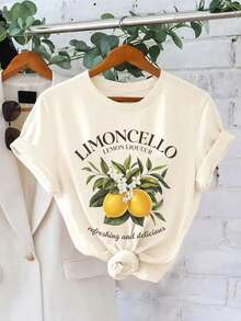Short-Sleeve T-Shirt With Round Neck And Lemon And Letter Print - Soft, Breathable, Micro-Elastic, Casual Top For Summer And Spring - Apricot - View 1