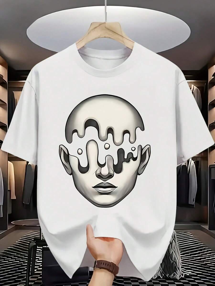 1 camiseta de manga corta con cuello redondo, que presenta un retrato en blanco y negro en la parte delantera + un patrón artístico vanguardista con una textura oscura que gotea en la cabeza - Blanco - Ver 1