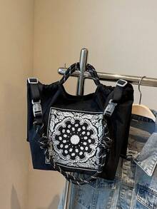 腰果花刺繡抽繩托特包，輕量防水尼龍，3合1手提/肩背/斜背通勤大包，女款手提包附可拆式肩帶，佩斯利花紋 - 彩色 - 查看 4