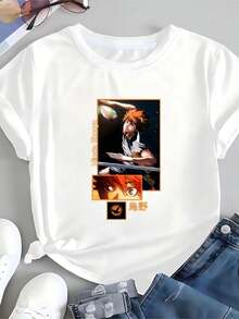 Casual White Round Neck Short Sleeve T-Shirt With Hinata Shouyo Anime Print, Regular Length Knitted Fabric Top For Women, Cute And Stylish - 白色 - 查看 1