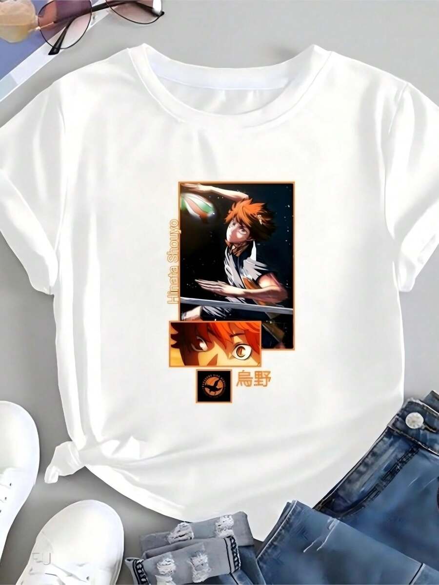 Casual White Round Neck Short Sleeve T-Shirt With Hinata Shouyo Anime Print, Regular Length Knitted Fabric Top For Women, Cute And Stylish - 白色 - 查看 1