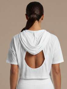 Women's Lightweight Short Sleeve Hooded Backless Batwing Short Sports Top, Yoga Fitness Running Workout T-Shirt - White - View 9