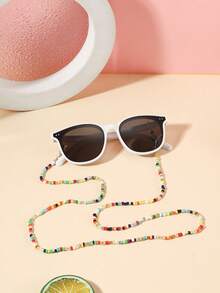 1 Set 1 pieza Gafas de moda cuadradas casuales para niños de 5-9 años, marco de PC rosa & blanco con lentes grises, con 1 pieza de cadena de gafas con cuentas, adecuadas para uso diario al aire libre, incluye estuche de gafas - Multicolor - Ver 3