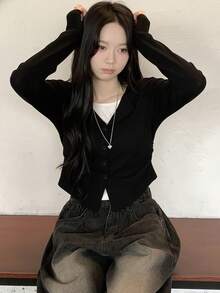 YCYC 韓式設計休閒百搭女款 2 合 1 鈕扣針織開襟衫 黑色 秋季 - 黑色 - 查看 5