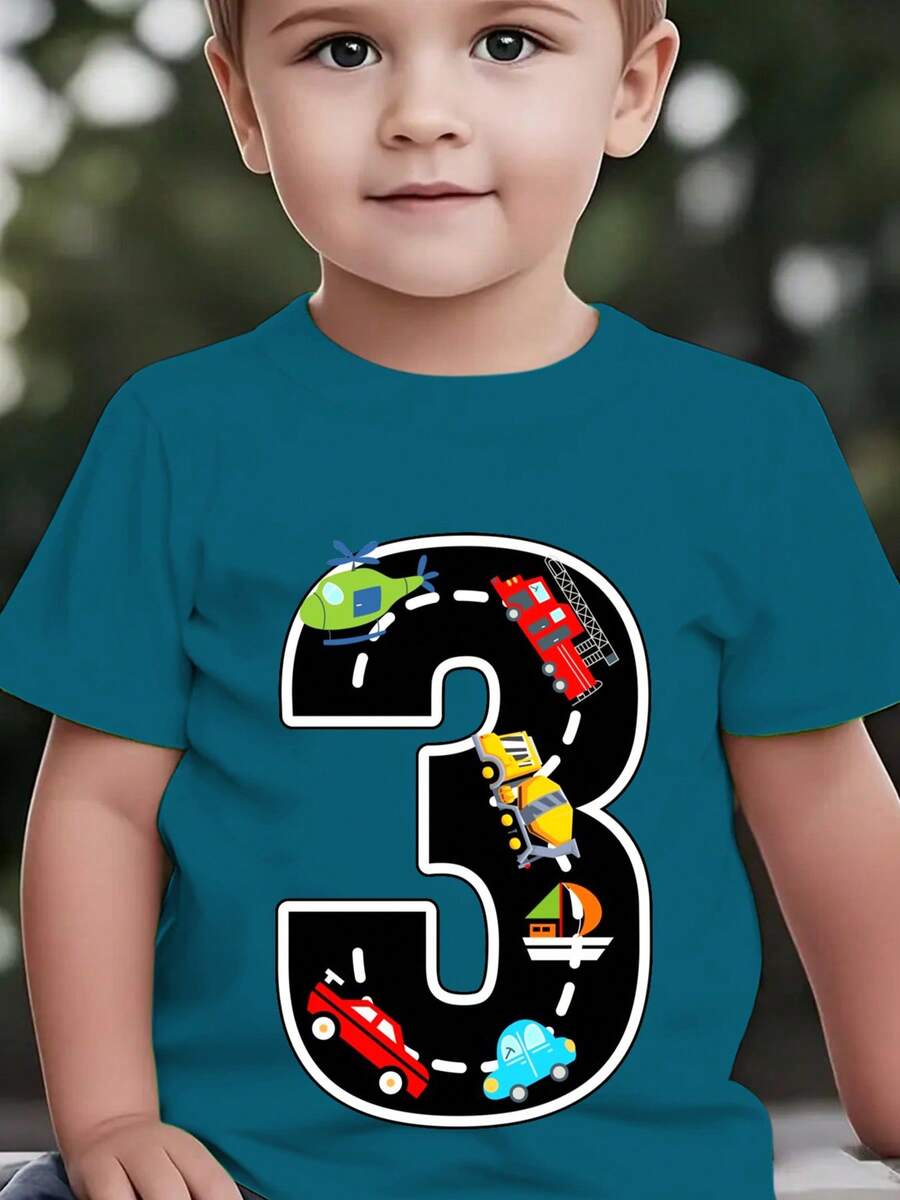 Fashionable Short-Sleeved T-Shirt For Children In Summer With Cartoon Prints Of The Number 3, Cars, Helicopters, Boats, Etc. Casual Outdoor Top NY-DX9726 - 藍色 - 查看 1