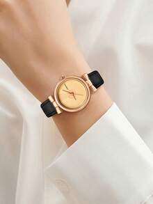 LUCKYFOX 1pc Quartz Wristwatch For Young Students, Gentle Style With Bowknot, Rose Gold Thin PU Leather Strap, Niche Student Vibe, Suitable For Daily Wear - Black - View 2
