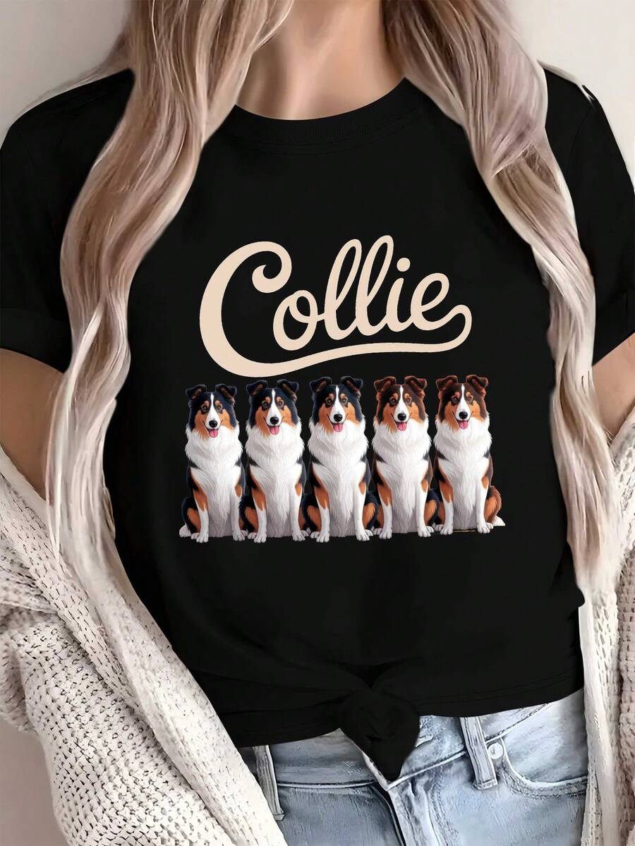Women's Solid Color, Comfortable And Soft Pure Cotton T-Shirt With Collie Dog Portrait Print. - Black - View 1