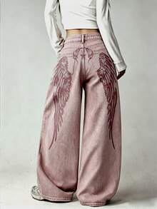 1pc American Street Style Women's Embroidered Loose Wide Leg Jeans Fashion All-Season Long Pants Casual Fall - Red - View 2