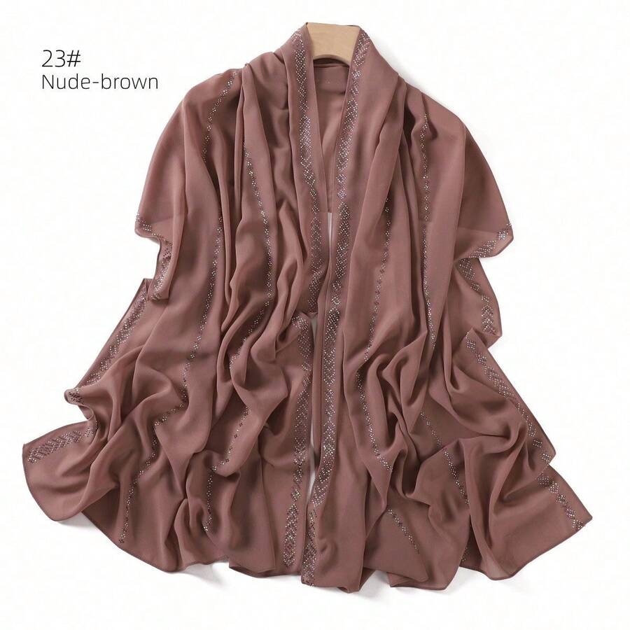1 Piece Solid Color Rhinestone Chiffon Hijab, Elegant Faux Rhinestone Scarf, Sunscreen Shawl For Women, Ideal For Dresses. - 白色 - 查看 1