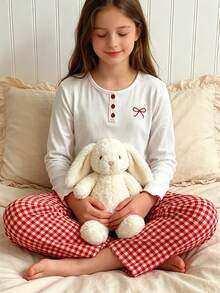 Spring And Autumn Girls' Sweet White Pit Bar Bow Printed Long Sleeve+Red And White Grid Straight Leg Pants Sleepwear Two Pieces Set,Girls' Home Clothes - Red - View 4