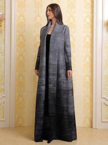 Middle East Grey Printed Pleated Long Robe, Dubai Style Elegant Plus Size Cardigan, Arabic Women's Abaya, Kaftan (Exclusive Design). Z514 - Grey - View 4