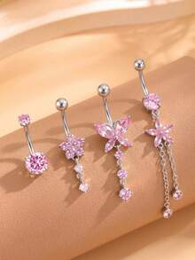 Pink Belly Rings Belly Button Ring Dangling Navel Belly Piercing Jewelry Pink CZ Butterfly Flower Navel Belly Rings Dangling Belly Button Piercing - Silver Pink - View 1