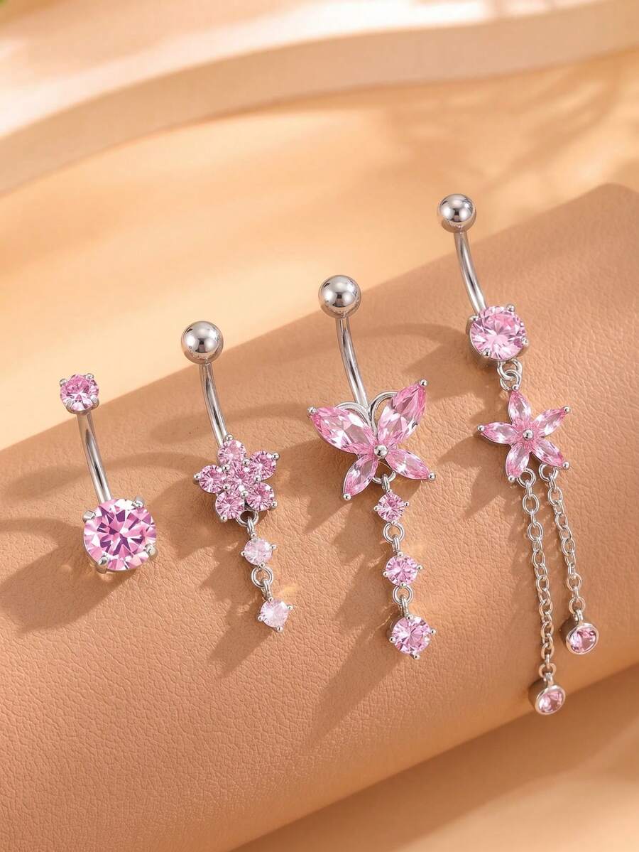 Pink Belly Rings Belly Button Ring Dangling Navel Belly Piercing Jewelry Pink CZ Butterfly Flower Navel Belly Rings Dangling Belly Button Piercing - Silver Pink - View 1