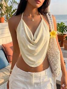 Top de cuello halter para sin espalda con fornteras drapeadas y diseño sólido - Albaricoque - Ver 1