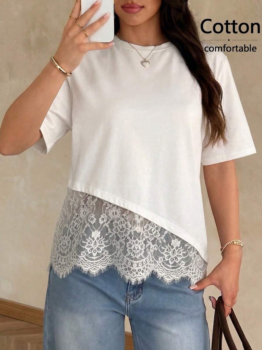 Women's Elegant Commuter Solid Color Lace Patchwork Round Neck Top White Summer - White - View 1