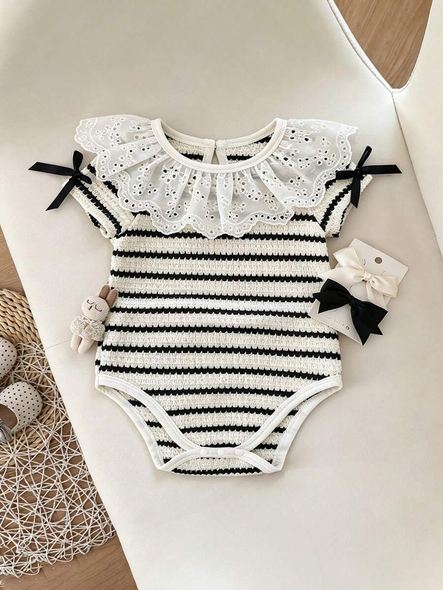 Baby Girl Summer Thin Short Sleeve Soft Ruffle Collar Cute Romper - Multicolor - View 1