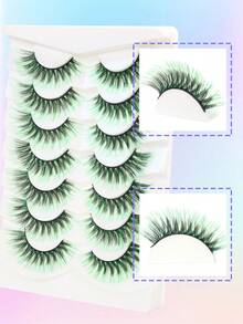 7 Pairs Green Cotton Thread Black Stem Dense Fish Tail Style False Eyelashes, Suitable For Festivals, Parties, Gatherings And Other Holiday Occasions, 20mm - 彩色 - 查看 8