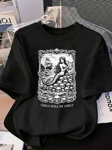 T-shirt retrò con stampa sirena: per un look casual e irresistibilmente carino. Perfetto per il tempo libero estivo, gli spostamenti quotidiani, i viaggi di piacere e le vacanze! 2026 - Bianco - Visualizzare 7