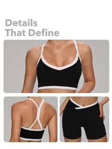 MASKERT Women 2pcs V Neck Crisscross Back Bra & High Waist Shorts Set Yoga Set Workout Set Gym Set 2 Pieces Set Training Tennis Outdoor Activewear Set - Black - View 4
