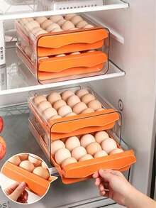 Caja de almacenamiento de huevos refrigerada de 32 rejillas de doble capa transparente, bandeja de huevos apilable para uso doméstico - Multicolor - Ver 3