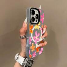 Phone Case: Fashionable And Creative Colorful Floral Pattern Macaron-Colored Skin-Feel Jelly Magnetic Wireless Charging Phone Case, Stylish, Lightweight, High-Quality, Non-Slip, And Fashionable Protection. Simple Design, Scratch-Resistant Shell. - Yellow - View 6