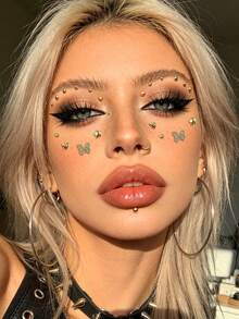 Gold Butterfly Heart Star 3D Large & Small Round Glitter Face Gems Y2K Self-Adhesive Rhinestones, DIY Concert Disco Party Shiny Face Decor - Gold - View 3