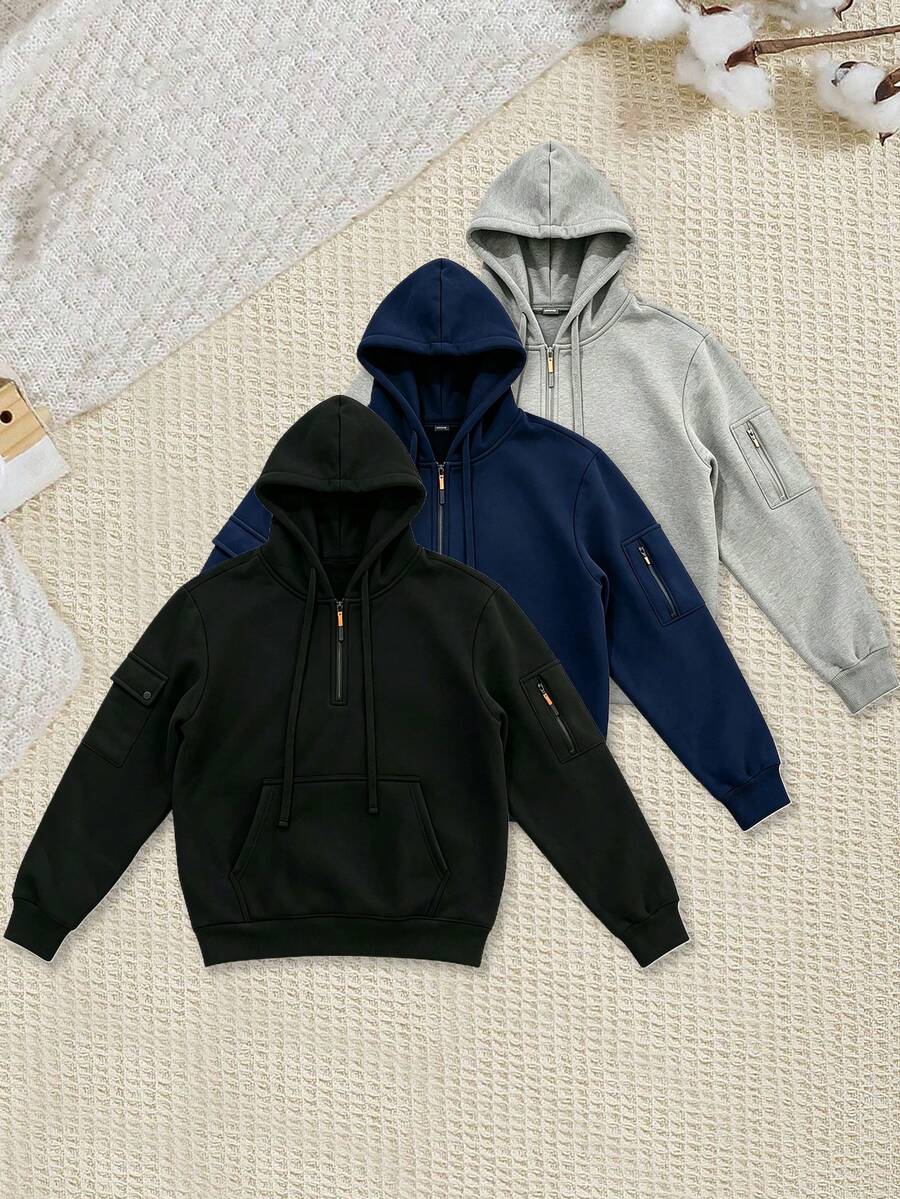 Men's Half-Zip Hooded Sweatshirt, Black Multi-Pocket Cargo Sports Jacket, Casual Drawstring Hooded Pullover - Black - View 1