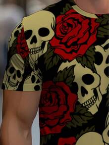 Men's Gothic T-Shirt With Skull And Rose Print - Bold Short Sleeve Crew Neck Streetwear, Casual Fit, Suitable For Casual Wear, Blouse - 黑色 - 查看 4