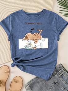 Camiseta de manga corta para mujer, serie "Cinco Minutos para Dormir", estilo casual de cuello redondo, estilo retro a la moda, estilo deportivo casual para primavera y otoño, disponible en - Gris Oscuro - Ver 8