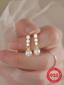 BALMORA 1 Pair High-End Elegant S925 Sterling Silver Pearl & Zirconia Shell Earrings, Women's Gift - Gold - View 2