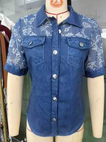 Women's Denim Fabric & Mesh Patchwork Shirt, Long Sheer Puff Sleeves, Button-Down With Fake Chest Pockets, Slim Fit Casual Top For Everyday Wear - 深藍色 - 查看 4