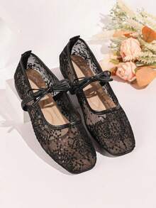 Black Square Toe Flat Mary Jane Shoes With Lace Mesh, Slip-On Elastic Band Fashion Loafers, Women's Spring/Autumn New Low Vamp Casual Shoes, Elegant Commuter Office Minimalist Style - Black - View 6