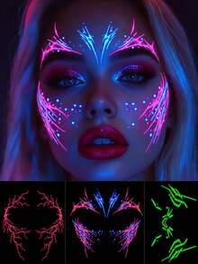 3 Sheets Glow In The Dark Temporary Face Tattoos, Black Light Neon Glow Waterproof Y2K Tattoos Makeup Stickers, For Halloween Neon Party Cosplay Festival Rave Accessories - Multicolor - View 11