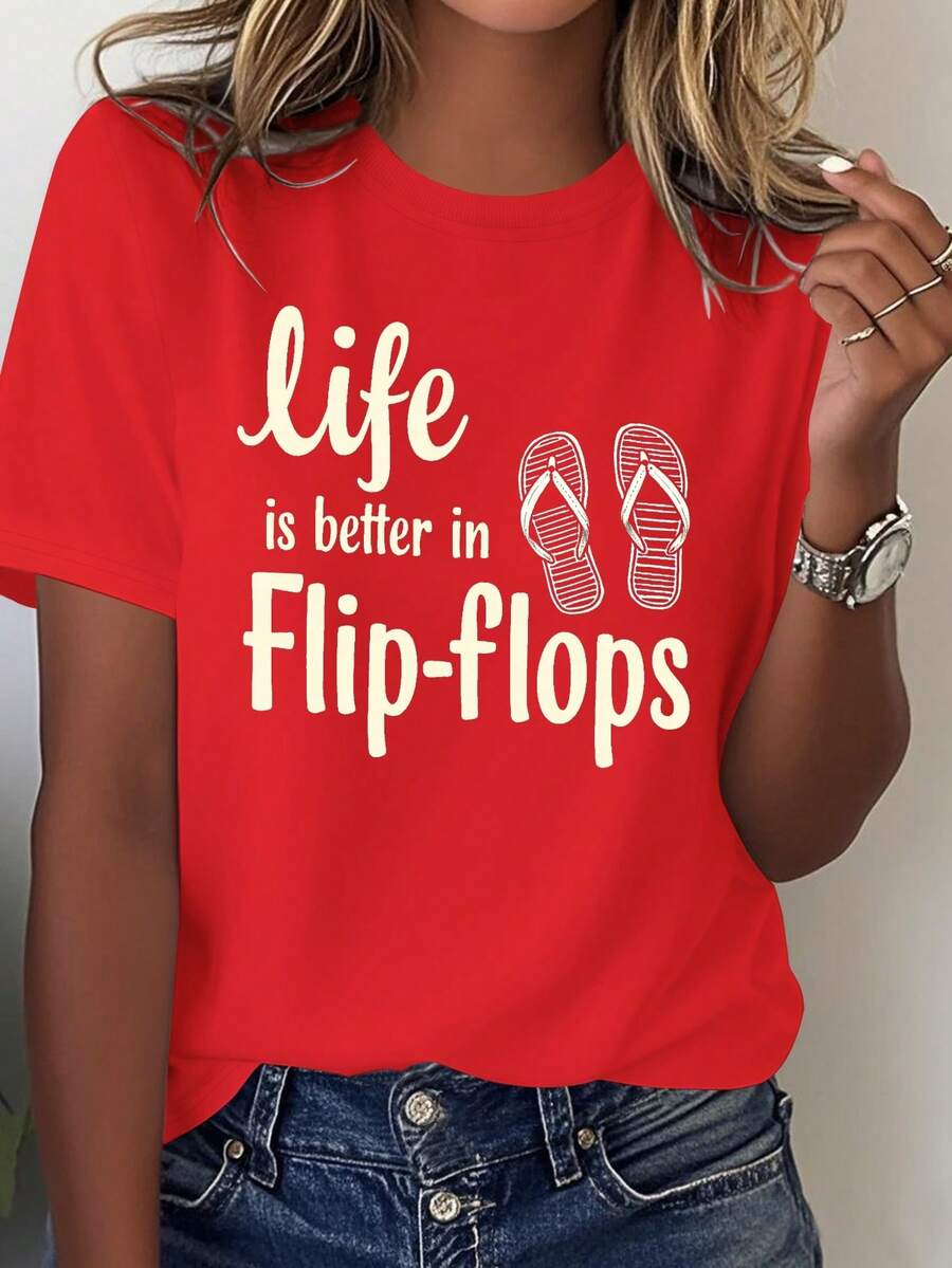 NEW Women's Tropical Beach T-Shirt "Life Is Better With Flip-Flops" - 100% Loose And Casual Summer T-Shirt With Flip-Flop And Palm Tree Designs, Light White Print, Suitable For - 紅色 - 查看 1