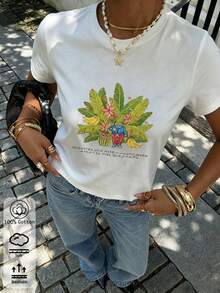 夏季新款圓領 DTMF 圖案修身落肩 T-shirt，度假旅行海灘穿搭 - 白色5 - 查看 6
