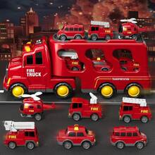 7-In-1 Toy Truck Set For Boys, Kids' Cars With Lights And Sounds, Fire Trucks With Inertia Transport Trucks, 5 Mini Cars And 1 Airplane, Gift Toys For Children 3-10 Years Old - 紅色的 - 查看 8