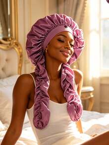 CONFLASS Cute Bow Decor Large Silk Night Cap, With Pleated Long Shoulder Strap, Women's Hair Protection Cap, Adjustable Button Satin Hair Cap, Long Drawstring Anti-Frizz Sleep Cap, Suitable For Braided Hair, Luxurious High-End Silky Satin Night Hair Cap - Multicolor - View 9