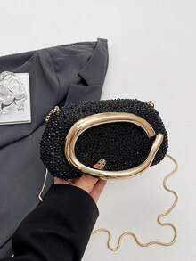 Women's Rhinestone Rounded Rectangular Evening Clutch, Curved Oval Front Handle Handbag, Fashion Crossbody Bag, Suitable For Wedding, Ball, Valentine's Day Party - Black - View 5