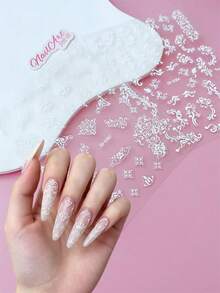 2pcs 3D/5D Embossed Relief Nail Stickers, Nails, DIY Decorations, Featuring White Baroque Lace Vine And Scroll Floral Patterns, Perfect For Creating Baroque Retro Court Style, European Relief Light Luxury Style, And French Lace Bridal Manicure Art - Multicolor - View 2