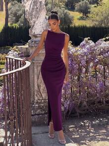 ADYCE Elegant Boat Neck High Waist Pleated Side Slit Floor Length Party Maxi Dress Fall Wedding - Dark Purple - View 1