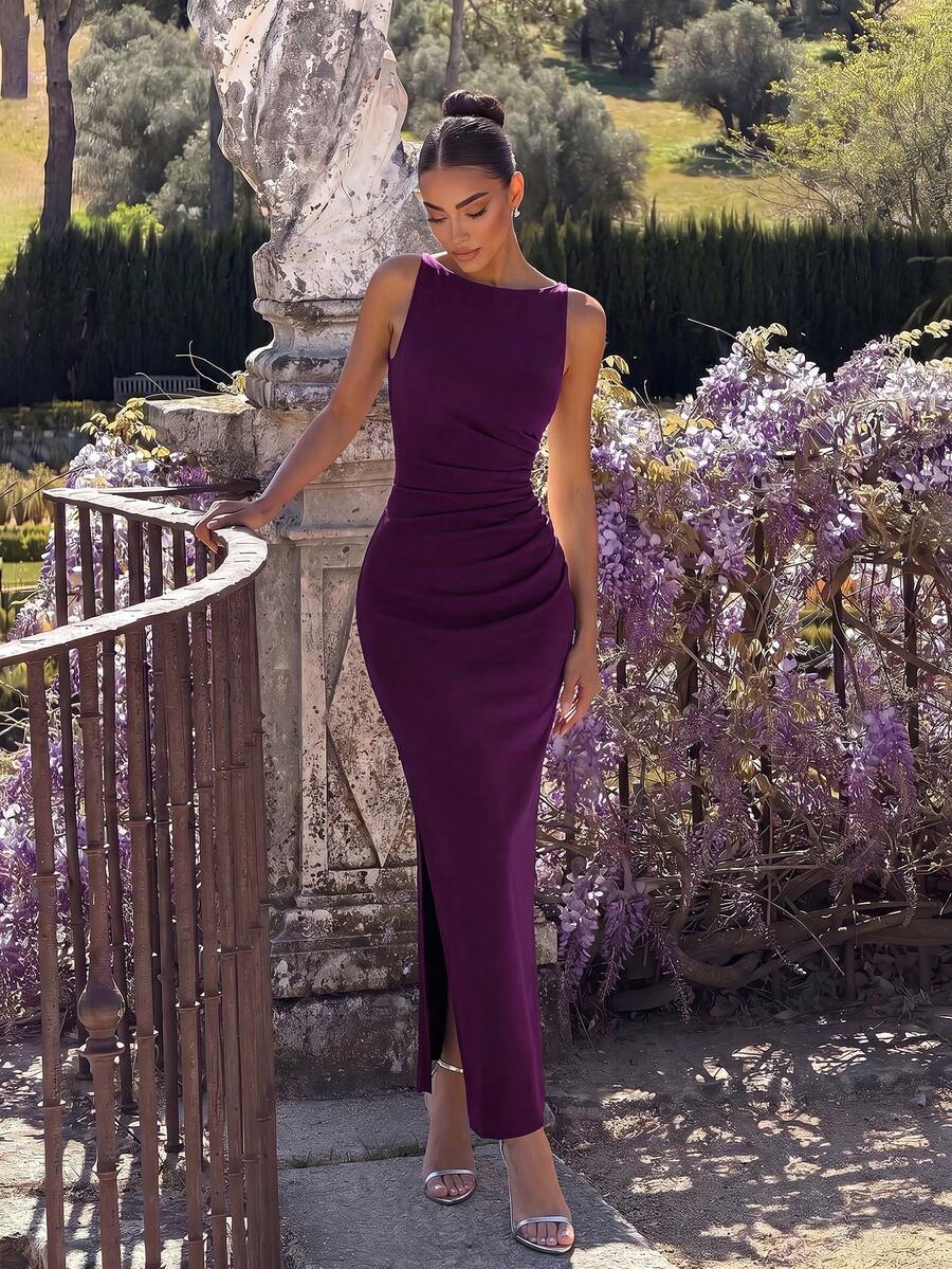 ADYCE Elegant Boat Neck High Waist Pleated Side Slit Floor Length Party Maxi Dress Fall Wedding - Dark Purple - View 1